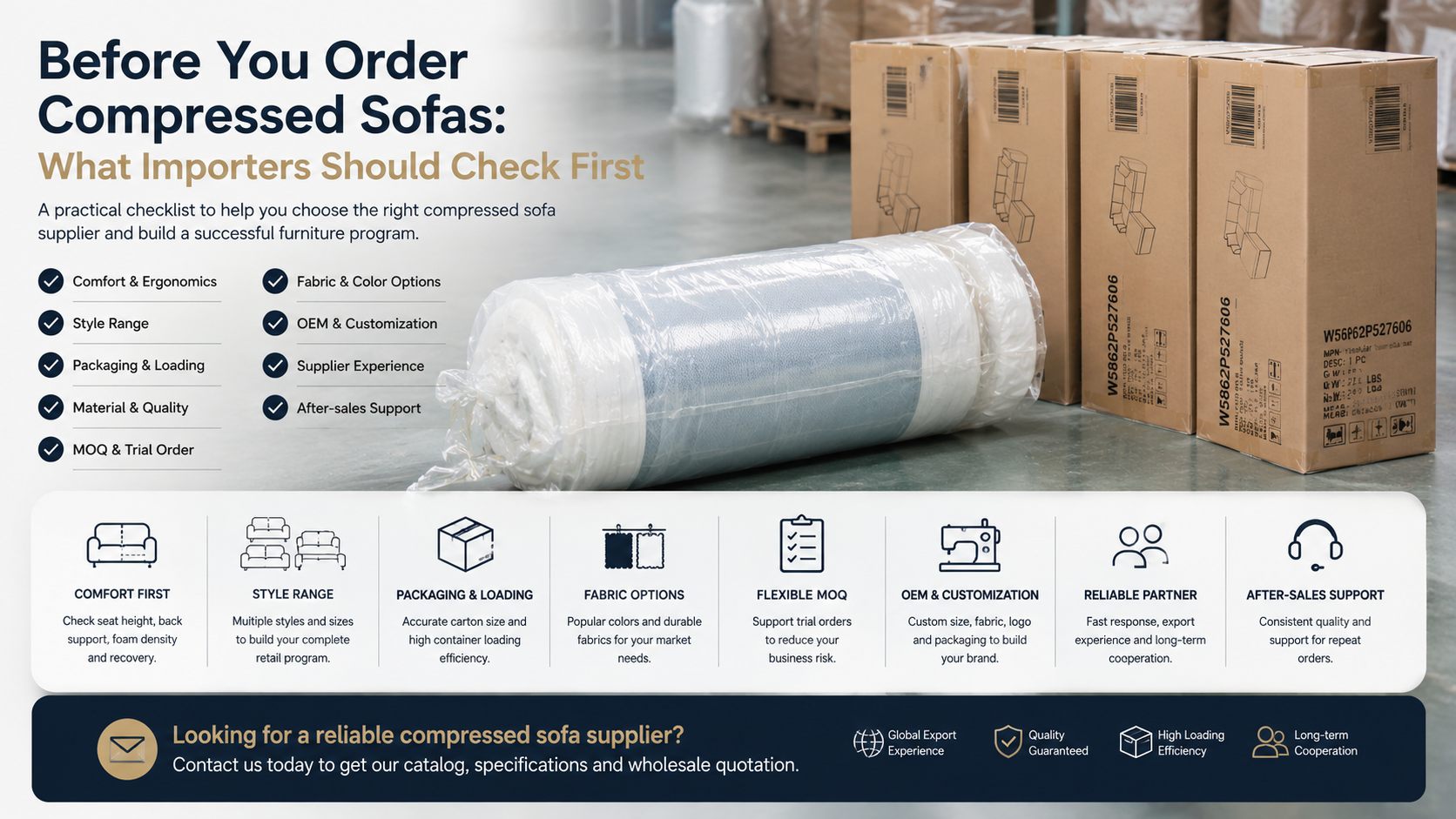 Compressed sofa buying checklist for importers with vacuum-packed sofa and export cartons