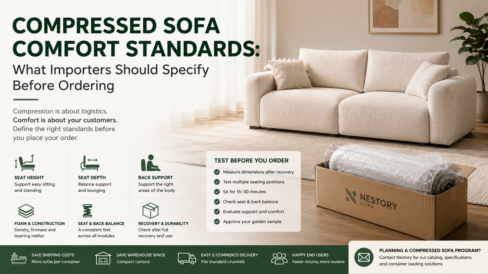 Compressed sofa comfort standards for importers, including seat height, seat depth, back support, foam construction and recovery testing.